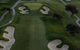Aerial view of a championship golf course fairway