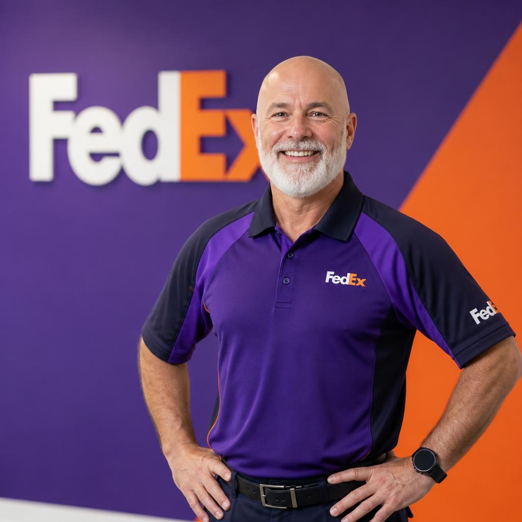 FedEx team member smiling in front of a branded wall